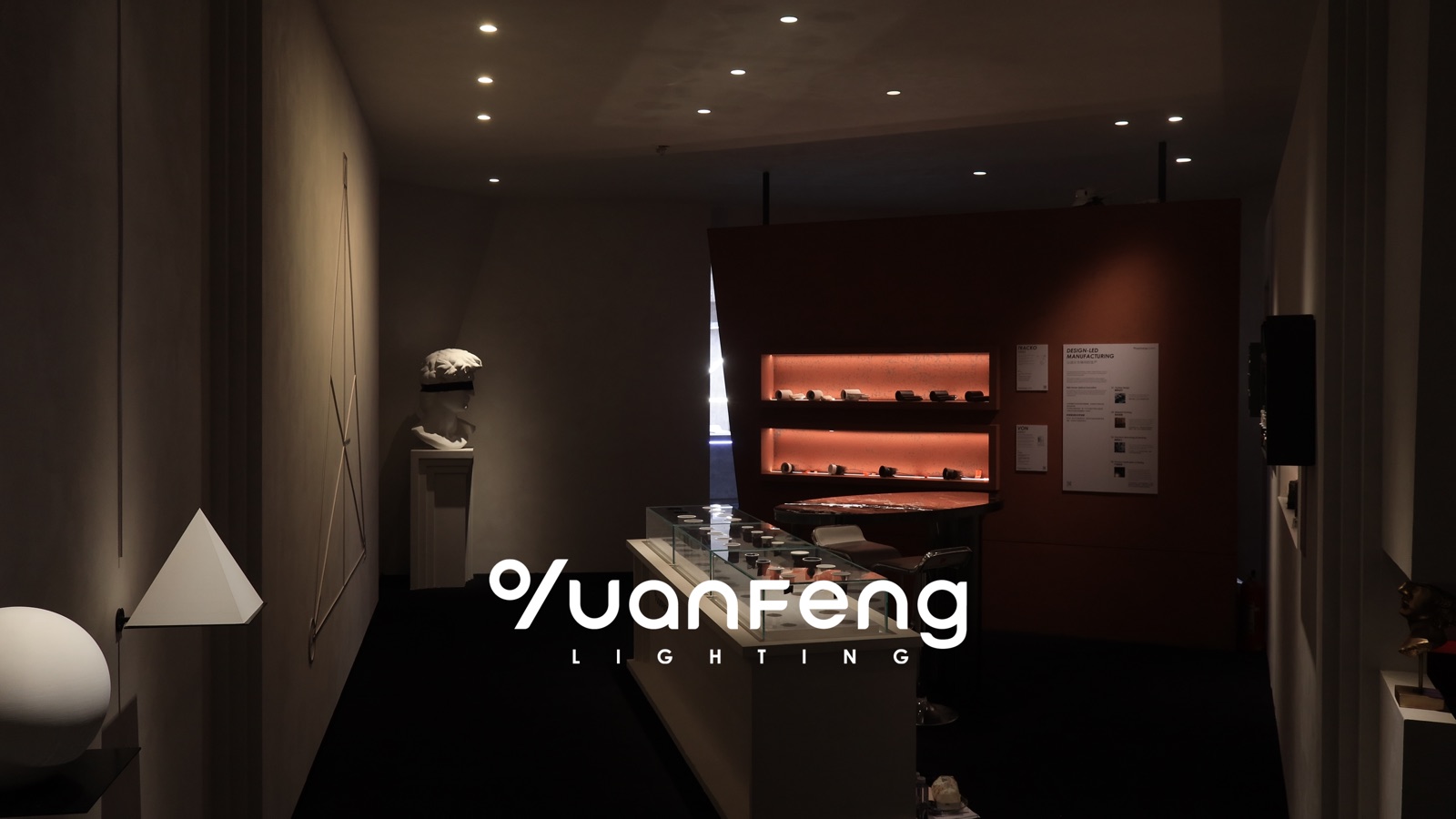 展厅内景：大卫、展柜与暖光